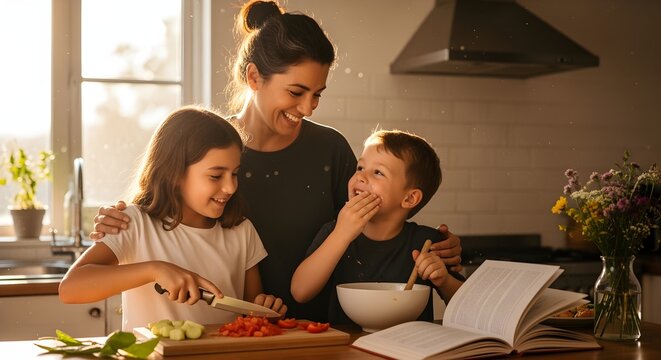 A heartwarming scene of a mother happily cooking in the kitchen with her young daughter and son as they prepare healthy fresh food together