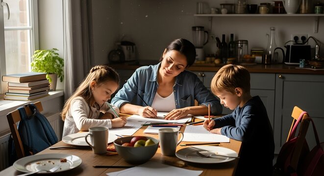 A dedicated mother sits at a wooden kitchen table while helping her young daughter and son with their school homework and daily studies