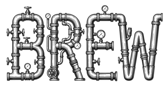 Vintage Industrial BREW Typography Design Made of Steel Pipes and Valves, Steampunk Engraving Style Illustration