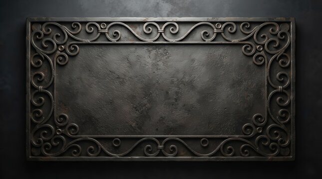 A blank dark grey metal plaque featuring an aged material surface and wrought iron scrollwork.
