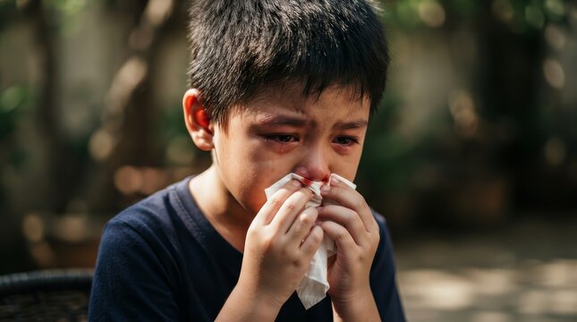 A young Asian child experiencing discomfort from a nosebleed while holding a white tissue.