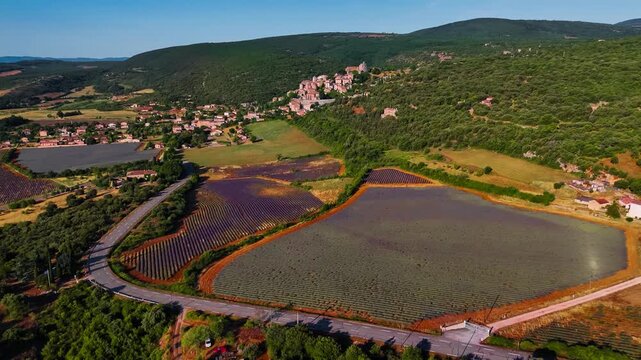 Aerial drone view Simiane-la-Rotonde among the mountains and blooming purple lavender fields. Provence-Alpes-Cote d'Azur region. High quality 4k footage