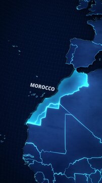Vertical map animation highlighting Morocco, North Africa, featuring a cyan territorial fill, glowing neon borders, and white typography for a mobile travel and news-style graphic template.

