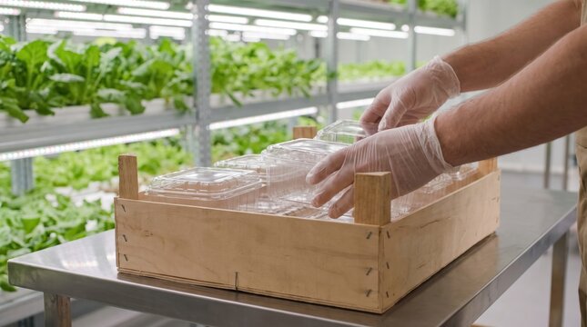 Gloved hands packing clear plastic clamshell containers into a wooden crate in an indoor hydroponic farm