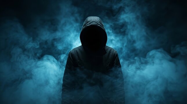 Mysterious figure wearing a dark hoodie in a dramatic blue smoky atmosphere.