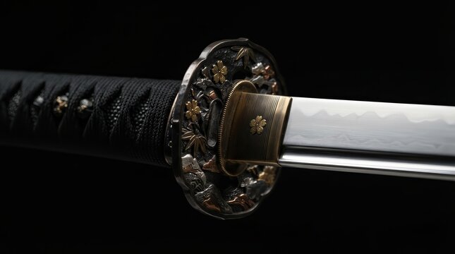 Ornate Japanese wakizashi samurai weapon featuring intricate carvings on a black background.