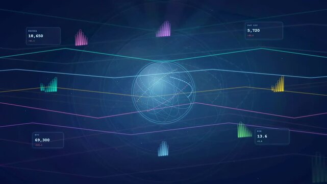 Futuristic HUD Interface with Rotating Digital Globe and Data Analytics