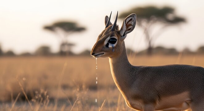 Dik-dik antelope in African savanna. Small wild animal standing in golden sunset light.