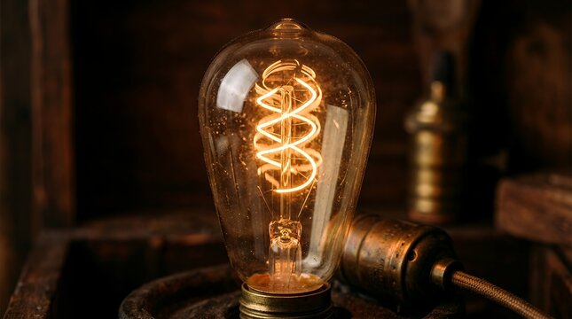 Glowing vintage Edison light bulb with spiral filament.