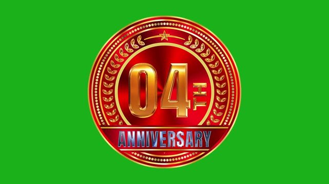 Royal gold metallic red 04th anniversary celebration circular logo badge loop animation with laurel wreath on green screen 4k video