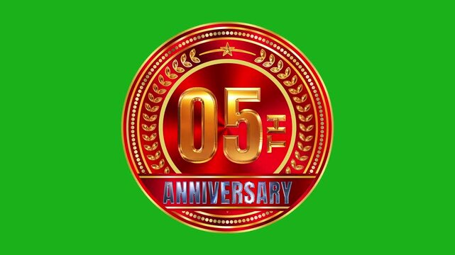 Shining 3D golden red 05th anniversary celebration jubilee round mark badge animation element on green screen background 4k video