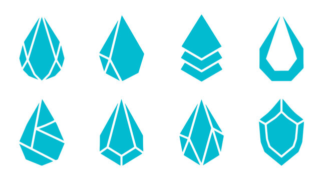Teal water drop and geometric crystal icon set.