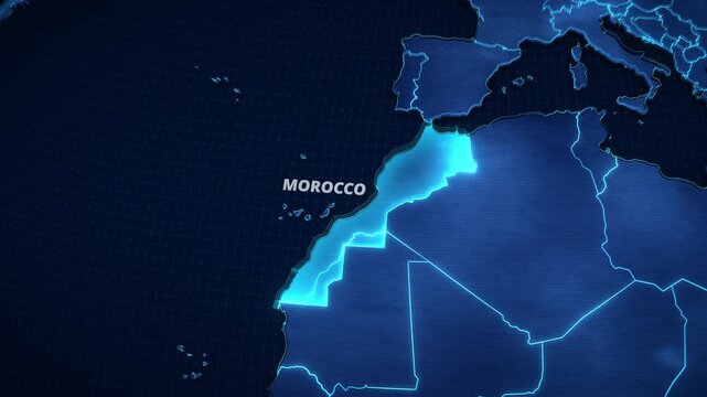 Map animation highlighting Morocco, North Africa, featuring a glowing cyan territorial fill, glowing neon borders, and white typography for a travel and news-style graphic template.
