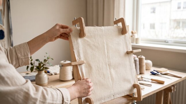 Artist hands using small wooden clamps to stretch rough canvas fabric tightly across a wooden frame on a bright studio workbench