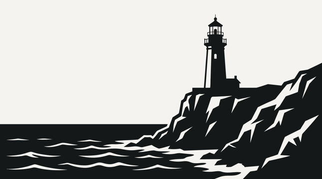 Black Lighthouse Silhouette Vector Illustration on Rocky Coastal Cliff