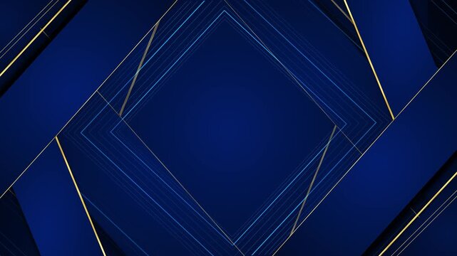 Royal blue geometric panels with gold and cyan diamond outlines create a layered frame with generous copy space. Perfect for corporate titles, logo reveals, business presentations, and event graphics.