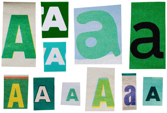 Green ransom note letter A collection made from newspaper and magazine cutouts isolated