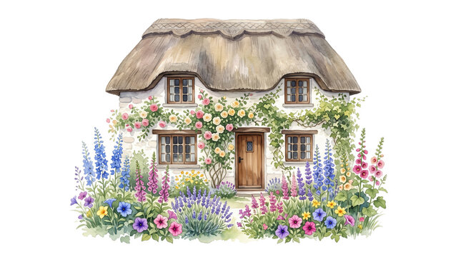 Vintage watercolor cottage with thatched roof, rustic English country house with blooming flower garden, traditional stone cottage illustration isolated PNG with Transparent Background