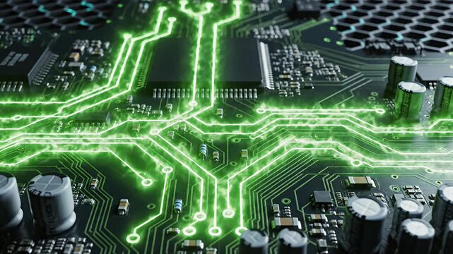 Green electrical sparks on computer circuit board surface.