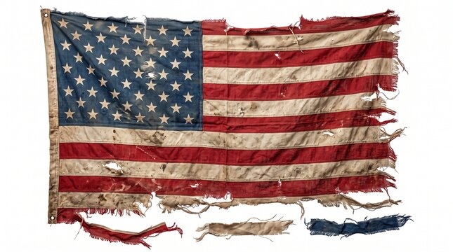 Tattered and torn vintage american flag isolated on white background with weathered frayed national national banner independence patriotism with patriotic