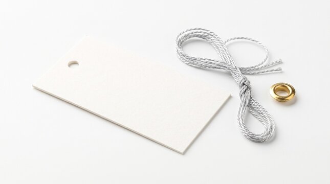 Blank white paper tag with grey cord and gold metal eyelet on white background with grommet isolated white label grey rope displays blank typography