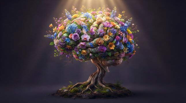Conceptual human brain as a flowering tree illuminated by golden rays of light from above