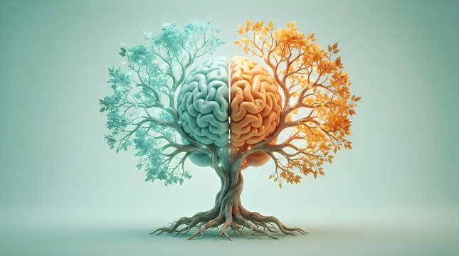 Abstract human brain growing as a tree with dual colored cooling and heating seasonal leaves