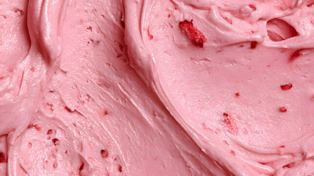 A strawberry gelato or ice cream with a textured background featuring rich pastel pink hues, a smooth creamy design, and natural berry pieces