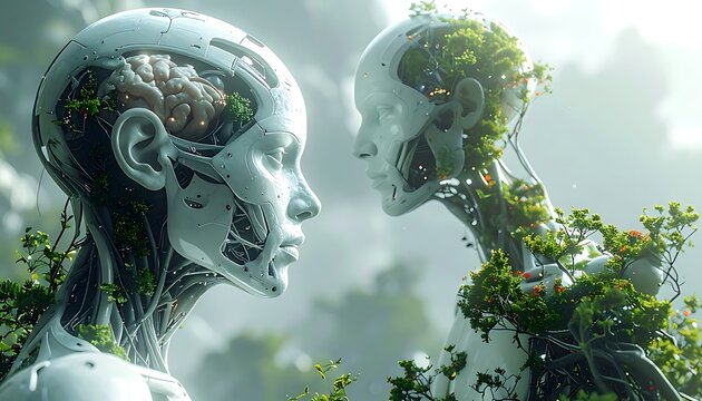 two futuristic cyborgs with organic plant growth intertwined, one revealing brain and anatomical details, surrounded by soft natural mist