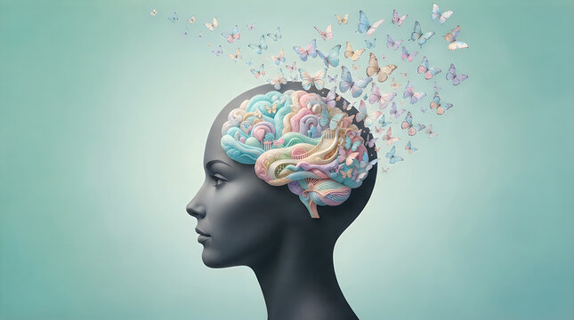 Artistic human head profile with exploding brain representing scattered thoughts and ideas