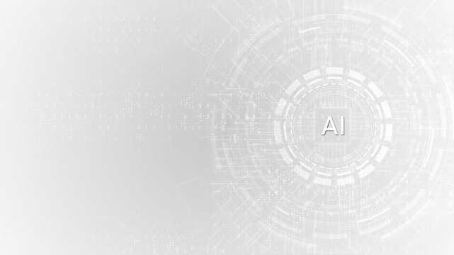 White AI processor interface with circular HUD rings, circuit paths, letters, numbers, and open copy space. Perfect for machine learning explainers, software promos, research videos and presentations.