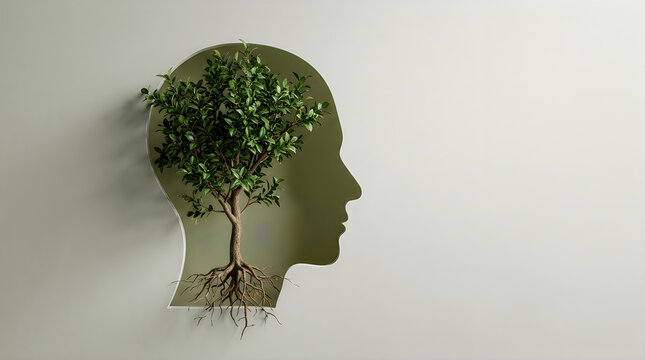 Human head silhouette shape with tree and visible roots silhouette psychology environment