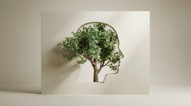 Profile human head silhouette cutout containing a growing green tree with silhouette, psychology