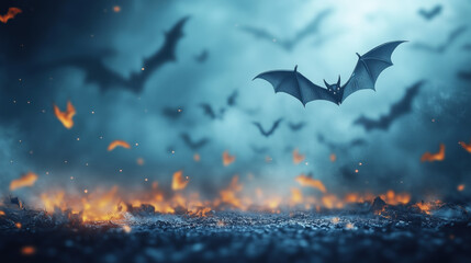 Obraz premium Flying Bat Over Glowing Halloween Pumpkins in Foggy Moonlit Forest