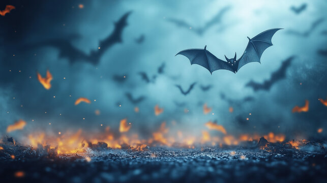 Flying Bat Over Glowing Halloween Pumpkins in Foggy Moonlit Forest