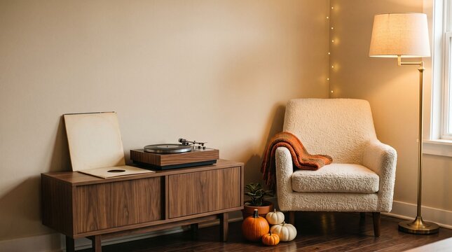 Vinyl record player on wooden console with armchair and pumpkins
