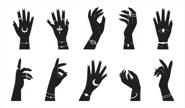 Creepy Witch Hands Bundle in Flat Black Silhouette Vector Style