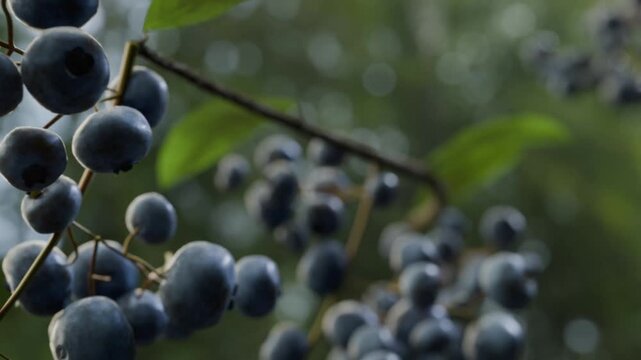 Realistic 4K 3D animation showing blueberries growing from initial flower blossom to fully ripe fruit. Detailed time lapse transformation process for agricultural, nutrition, and food visuals.