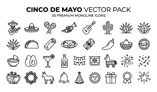 Professional Cinco de Mayo Monoline Icon Pack with Mexican Festival and Food Elements