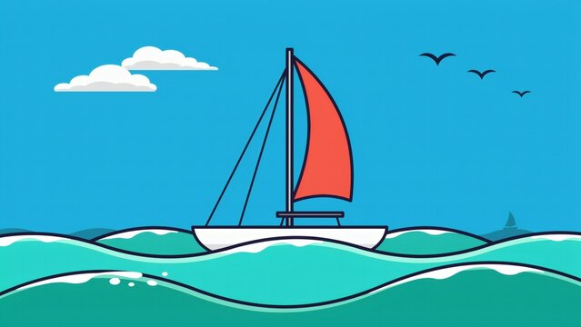 Minimalist vector illustration featuring a sailboat sailing on turquoise ocean waves under a bright clear blue sky