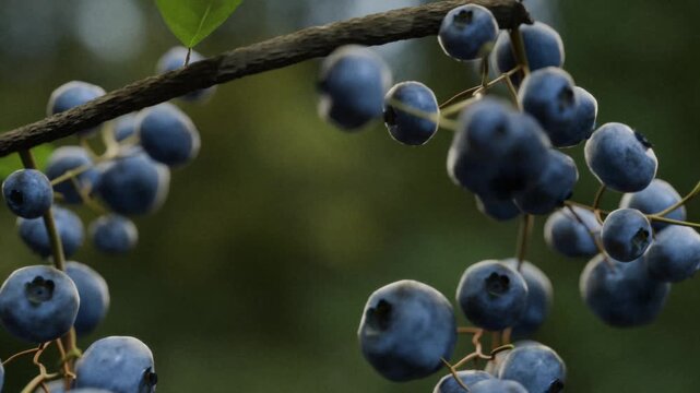 Realistic 4K 3D animation showing blueberries growing from initial flower blossom to fully ripe fruit. Detailed time lapse transformation process for agricultural, nutrition, and food visuals.