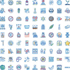 Set of hand drawn scratch style icons depicting a wide array of themes including education. Science. Technology. Environment. Health. Business. And social issues. Arranged on a clean white background