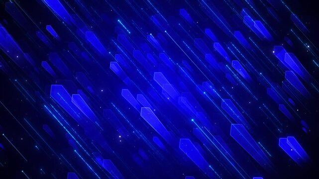 Blue diagonal data streams, glowing polygon bars, cyan trails and tiny particles create fast digital background. Perfect for technology intros, cyber videos, network promos, and seamless motion loops.