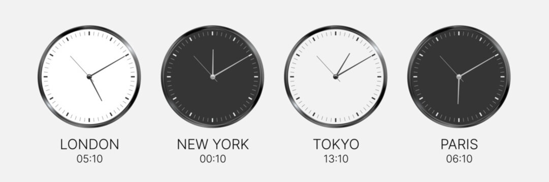World Time Zone Clock Icons with Major International Cities London New York Tokyo and Paris Realistic Analog Clocks for Business Office Travel Vector Set