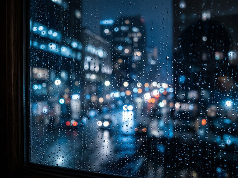 Gotas de lluvia en ventana con tonos azules fr&iacute;os ambiente melanc&oacute;lico