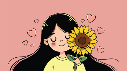 Cute girl holding sunflower flat vector illustration kawaii character concept
