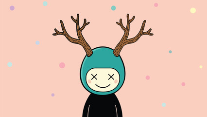 Naklejka premium Cute fantasy character illustration featuring deer antlers and smiling cartoon mascot vector design