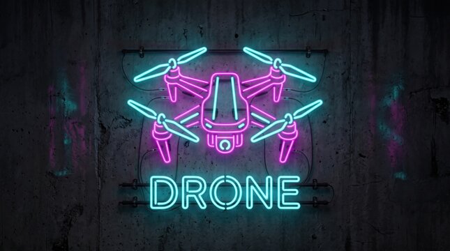 Neon drone sign on dark concrete wall, glowing pink and blue quadcopter light, futuristic aerial photography service logo, vibrant electric uav symbol