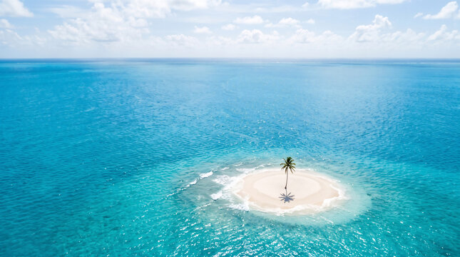 Aerial view of a tiny sandy island with a single palm tree surrounded by clear turquoise tropical ocean water