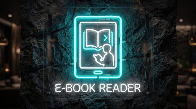 Neon e-book reader sign on stone wall, glowing digital library icon, modern electronic book reading concept, blue luminous tablet symbol